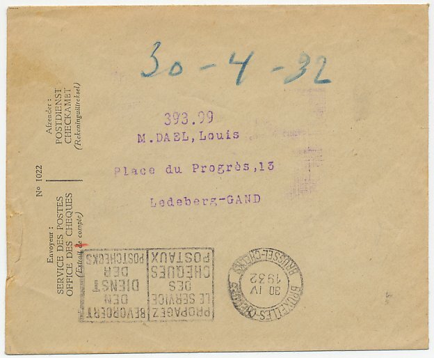 Postal cheque cover Belgium 1932 Agenda - Diary - Book