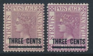 Straits Settlements 1880 SG 83 & 83a 3c on 32 CENTS Pale & Deep Magenta