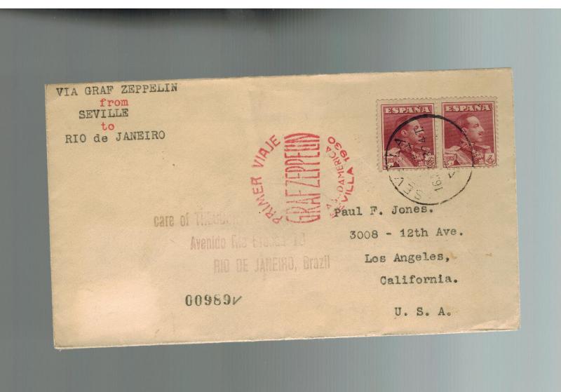 1930 Seville Spain Graf Zeppelin Mail First South America Flight Cover USA LZ127