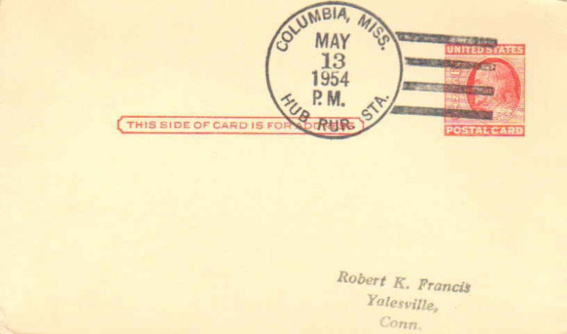 United States Mississippi Hub Rur. Sta. Columbia 1954 4f-bar  1954-1964  Post...