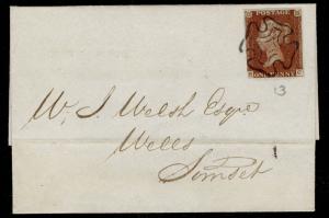 SG8, 1d red-brown PLATE 13, FINE USED, on 1841 COVER. BLACK MX. Cat £350. HC