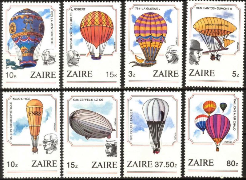 Zaire 1984 Aviation Air Hot Balloons Set 8 MNH
