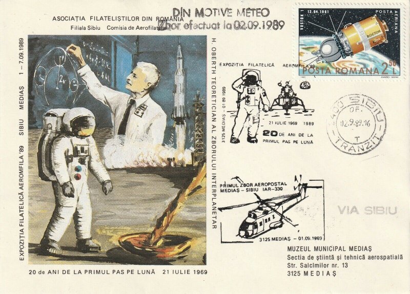 ROMANIA COVER 1989 COSMOS MOON LANDING SPECIAL MARKING USED POST