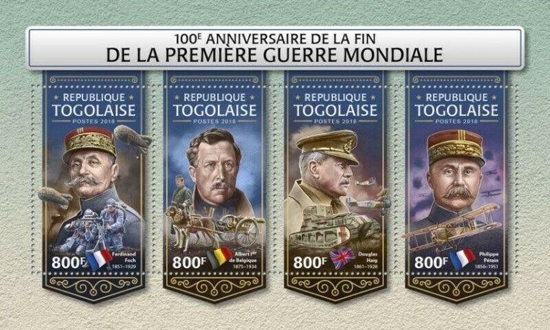 Togo - 2018 World War I Anniversary - 4 Stamp Sheet - TG18221a