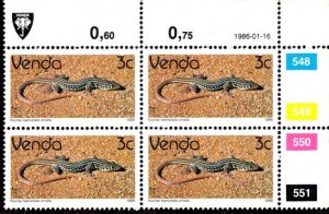 Venda - 1986 Reptiles 3c 1986.01.16 Plate Block MNH** SG 121