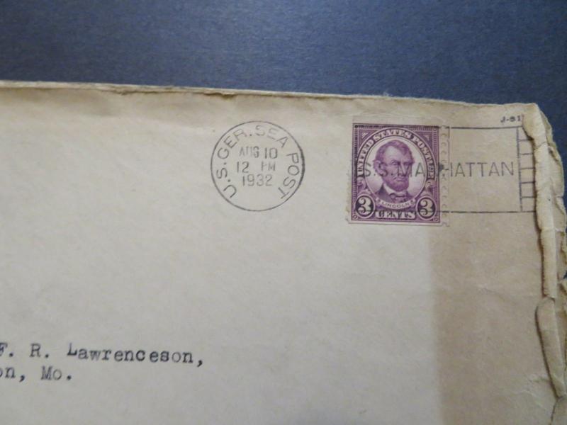 US 1932 SS Manhattan Maiden Voyage Cover w/ Letter Inside / Side Tears - Z7928