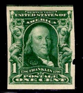 US Stamp #314 1c Blue Green Franklin IMPERF MINT Hinged SCV $14