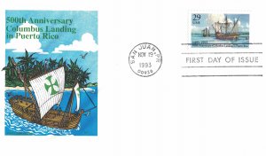 1993 FDC, #2805, 29c Columbus Landing in Puerto Rico, House of Farnam w/insert