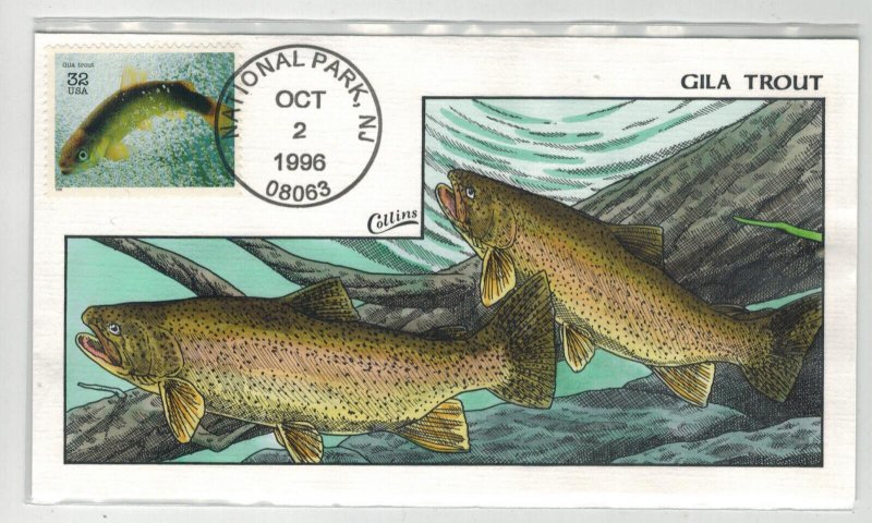 1996 COLLINS ALLOVER HANDPAINTED FDC ENDANGERED SPECIES GILA TROUT FISH