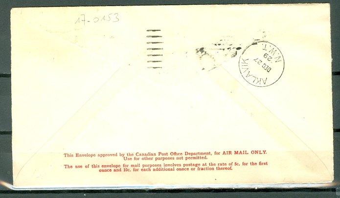 CANADA #C1 on 1929 AIR COVER TO AKLAVIK NWT..NICE CACHET