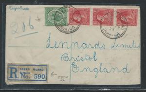 JAMAICA  (P2105B) KGV 1929 1DX3+1/2D REG GREEN ISLAND TO ENGLAND