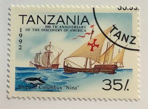 Tanzania 1992 Scott 990 CTO - 35sh, Discovery of America,  Sailboat, Nina