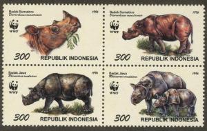 INDONESIA Sc#1673 1996 WWF Rhinoceros Block of 4 Complete Mint NH