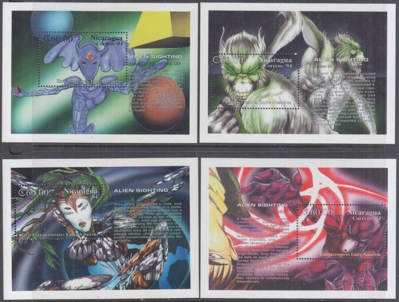 NICARAGUA Sc # 2020-7 CPL MNH SET of 8 S/S - REPORTED ALIEN SIGHTINGS