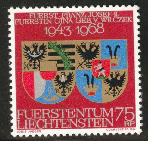 LIECHTENSTEIN Scott 446 MH* 1968 Coat of Arms