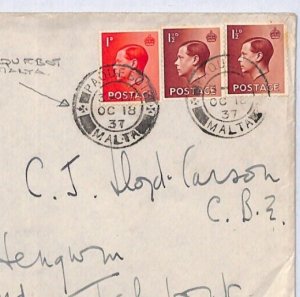 GB KEVIII Cover MALTA PAQUEBOT P&O Wales Merionethshire Talybont 1937 YW102