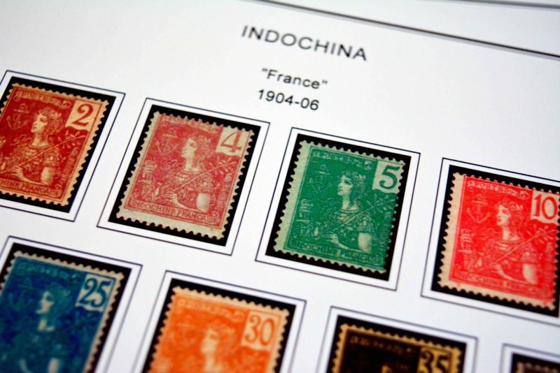 COLOR PRINTED INDOCHINA 1889-1949 STAMP ALBUM PAGES (35 illustrated pages)