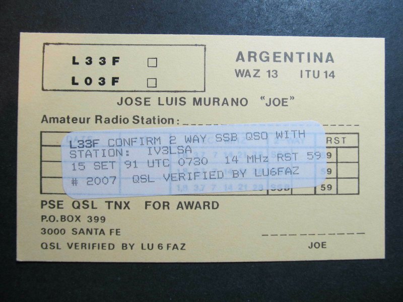 10316 Amateur Radio QSL Card SANTA FE ARGENTINA