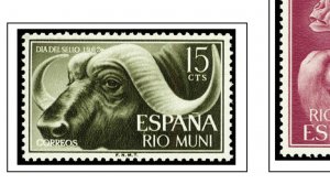 COLOR PRINTED RIO MUNI 1960-1968 STAMP ALBUM PAGES (8 illustrated pages)