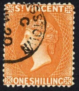 St Vincent SG58 1/- Orange Perf 14 Wmk CA CDS Used Fresh Colour Cat 18 pounds