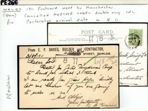 GB WALES Card *4 8 11* PERFIN ARRVIAL DATE Merthyr Tydfil Manchester 1911 PE266 