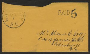 CSA Mars Bluff SC 8/7/1861 PAID 5 T Gregg C/O Jarrats Hotel Petersburge Va cover