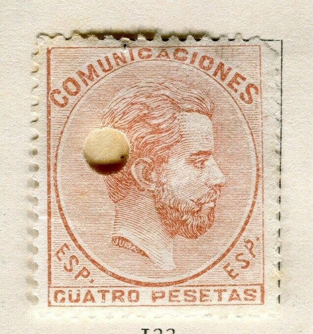 SPAIN;  1872 early classic Amadeo issue used 4p. value, hole punch