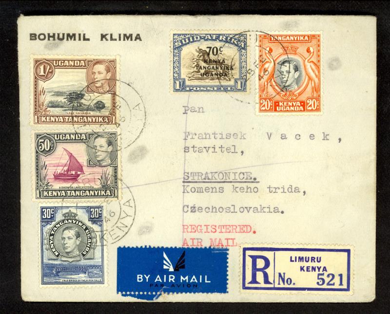 KUT KENYA 1946 KGVI Reg Flown 9 Stamp Multi Frkd Cover LIMURU to Czechoslovakia
