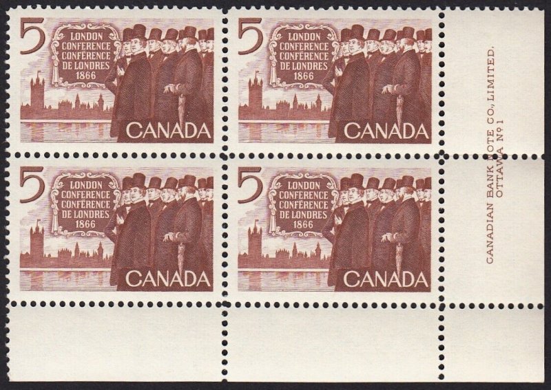 HISTORY = LONDON CONFERENCE = Canada 1966 #448 MNH LR BLOCK of 4 PLATE 1