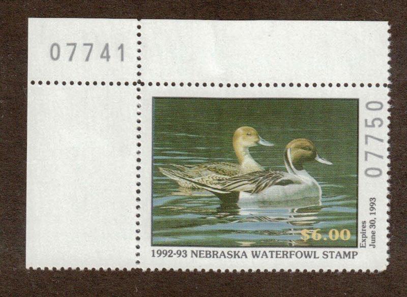 NE2 - Nebraska  State Duck Stamp. MNH. OG. Plate Numbered Single.