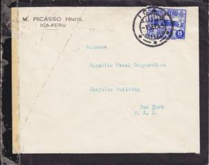 Peru Sc 378 on 1943 Censored Mourning Cover to New York