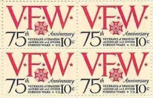 1974 Veterans of Foreign Wars Block of 4 10c Postage Stamps, Sc#1525, MNH, OG