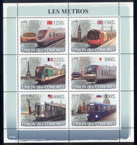 Comoro Islands - 2009 s/s of 6 Subway Trains #1015 cv $ 12.50 Lot # 23