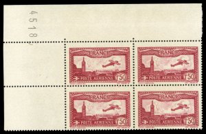 France, Air Post #C5 Cat$160, 1930 1.50fr deep carmine, Coin Date block of fo...