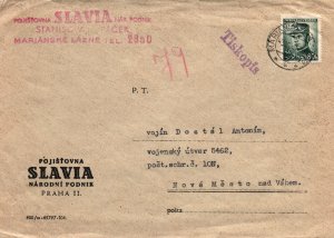 1948 CZECHOSLOVAKIA LOCAL RATE ENVELOPE WITH CORNER CARD ADDRESS VARIOUS MARKING