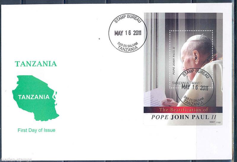 TANZANIA  BEATIFICATION OF POPE JOHN PAUL II  SOUVENIR SHEET   FIRST DAY COVER 