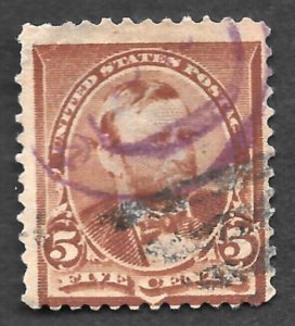 US Scott # 255, 5¢, 1894, Chocolate, MAGENTA CANCEL, NG, Creased, Perf 12