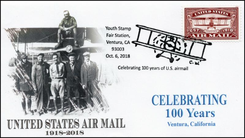 18-382, 2018, Air Mail 100 years, Pictorial Postmark, Event Cover, Ventura CA