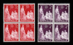 AUSTRALIA 1958 CHRISTMAS SET SCOTT #312-313 BLOCKS OF 4 MNH-OG 