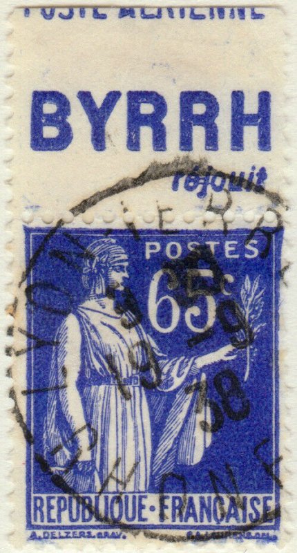 FRANCE - 1937 Pub BYRRH (réjouit) supérieure sur Yv.365b 65c Paix Obl. TB