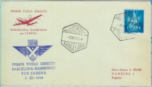 83183 - SPAIN - Postal History - FIRST FLIGHT: Barcelona \ Hamburg - 1954 # 36-