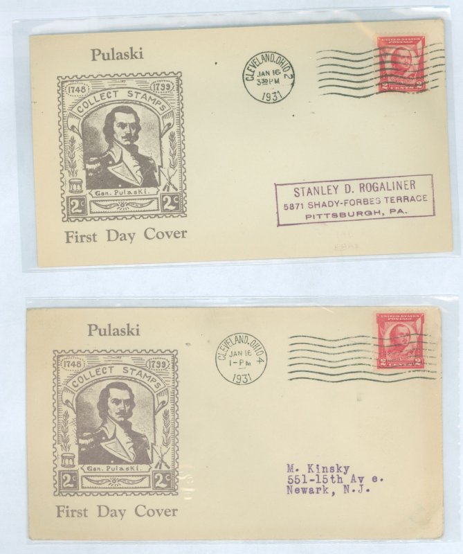 US 690 1931 2c General Pulaski Commemorative (single) on an addressed FDC with a Roessler cachet and two Cleveland cancels - Cle
