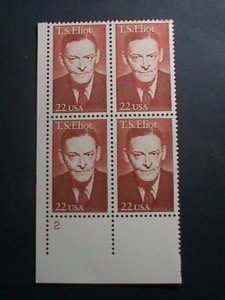 ​UNITED STATES-1986 SC#2239 T.S. ELIOT-POET MNH PLATE BLOCK OF 4 VERY FINE