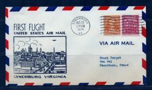 FIRST FLIGHT COVER Lynchburg VA to Texarkana TX Washington Bicent 6c #711 1934