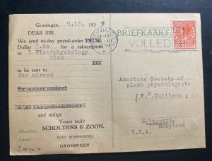 1939 Groningen Netherland Subscription Postcard Cover To Beltsville MD USA