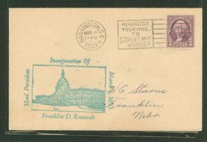 US 720 1933 3c Washington definitive franking this cacheted cover mailed from Washington, DC on the day of Franklin D. Roosevelt