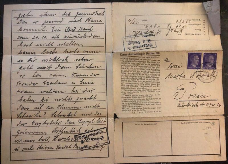 1943 Germany Dachau Concentration Camp Letter Cover to Poznań Polan Nowak