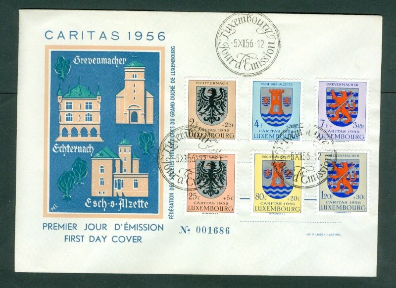 Luxembourg. 1956 FDC. Cachet Caritas. # 001686. Coats of Arms. Sc# B192-B197