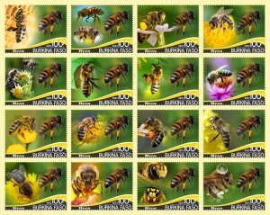 Stamps. Fauna Bees 16 stamps perforated 2023 year Burkino Faso NEW