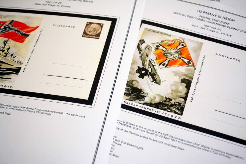 COLOR PRINTED GERMANY III REICH DEFS. POSTCARDS STAMP ALBUM PAGES (78 ill. pgs.)